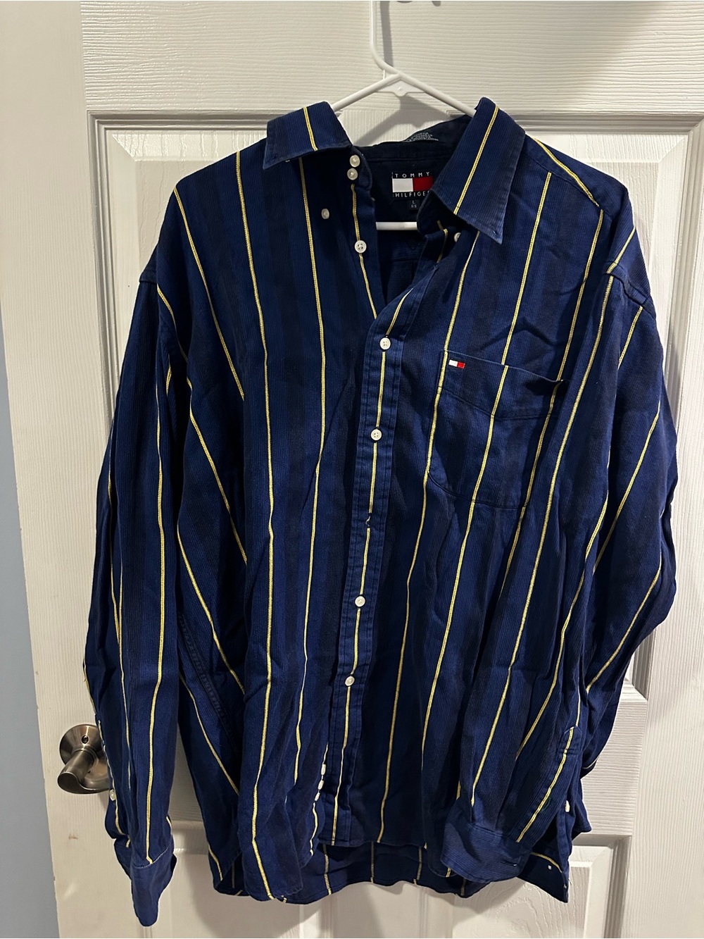 Vintage Tommy Hilfiger Men’s L Navy Yellow Vertical Stripe Corduroy Shirt 90s Y2